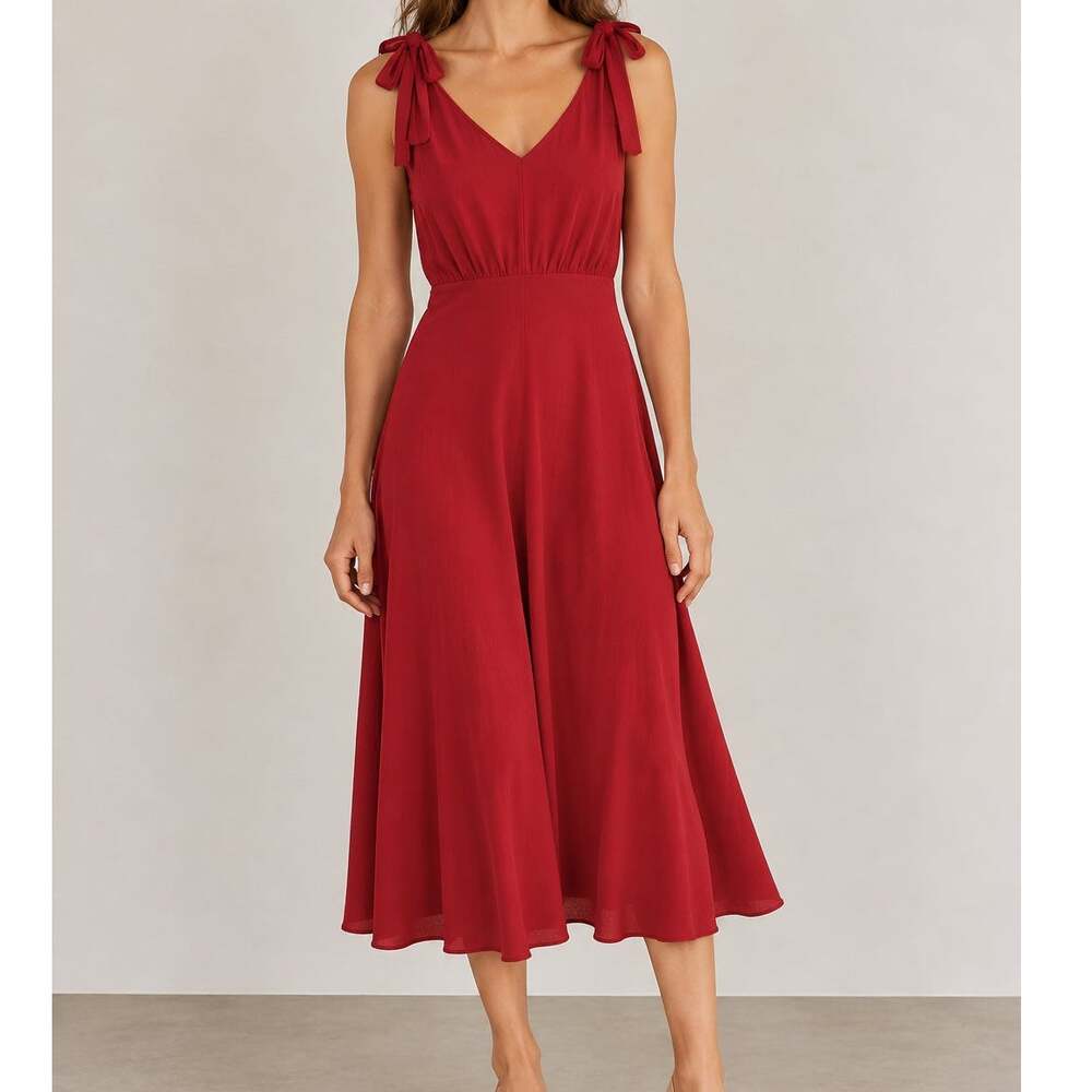 Betsey Johnson Red Tie-Shoulder Midi Dress Y2K Romantic Holiday Cocktail Size 4